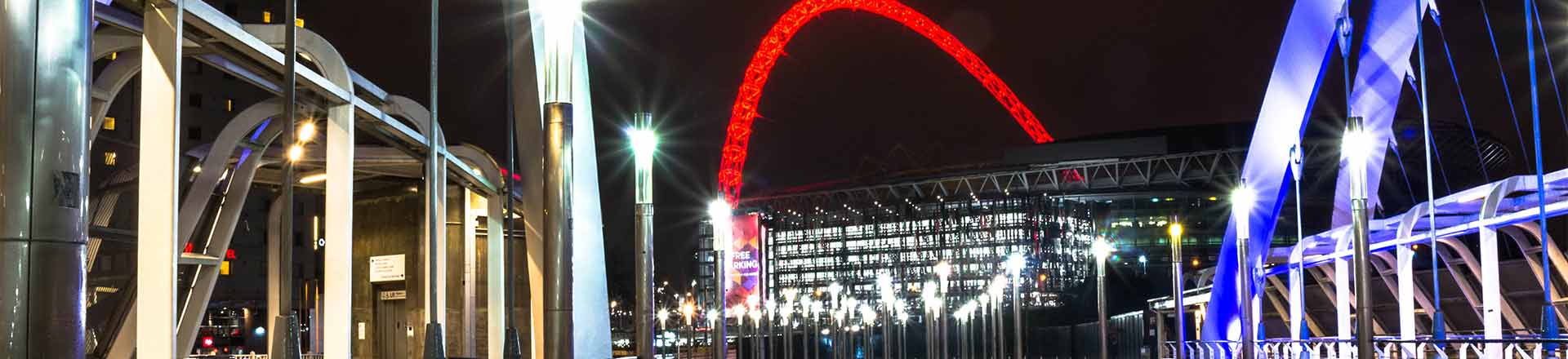 Brightly lit stadium at night